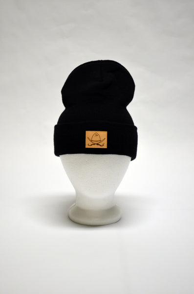 Hats and Handlebars Beanie | Laser-Etched Leather Patch black front side