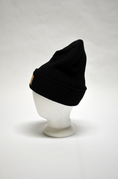 Hats and Handlebars Beanie | Laser-Etched Leather Patch black side view