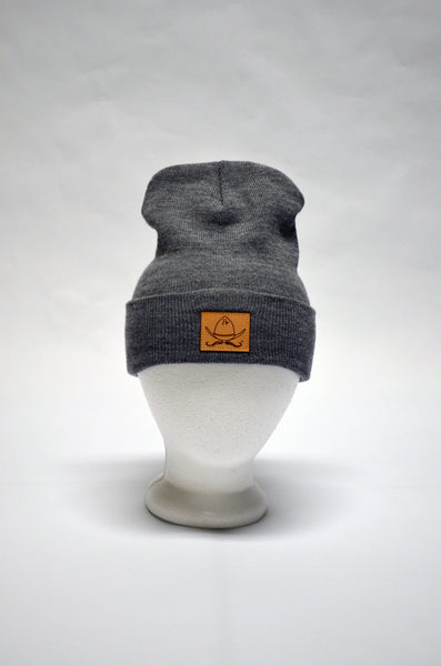 Hats and Handlebars Beanie | Laser-Etched Leather Patch grey front view