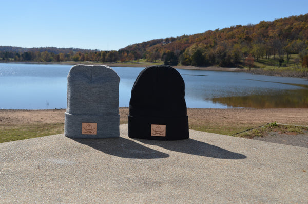 Hats and Handlebars Beanie | Laser-Etched Leather Patch in black and grey
