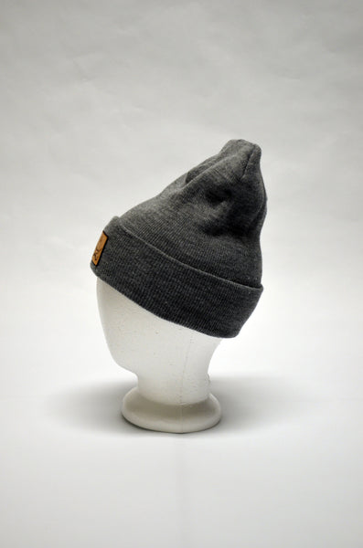 Hats and Handlebars Beanie | Laser-Etched Leather Patch grey side view